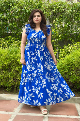 Printed Blue Georgette Tiered Maxi Dress